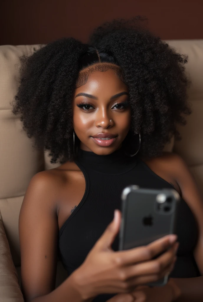 a picture of a slim thic pretty black girl from Atlanta black baddie girl with a video aesthetic with a nice define chiseled jawline with almond slanted shape eyes and she is taking a  selfie at home snuggling on the sofa 