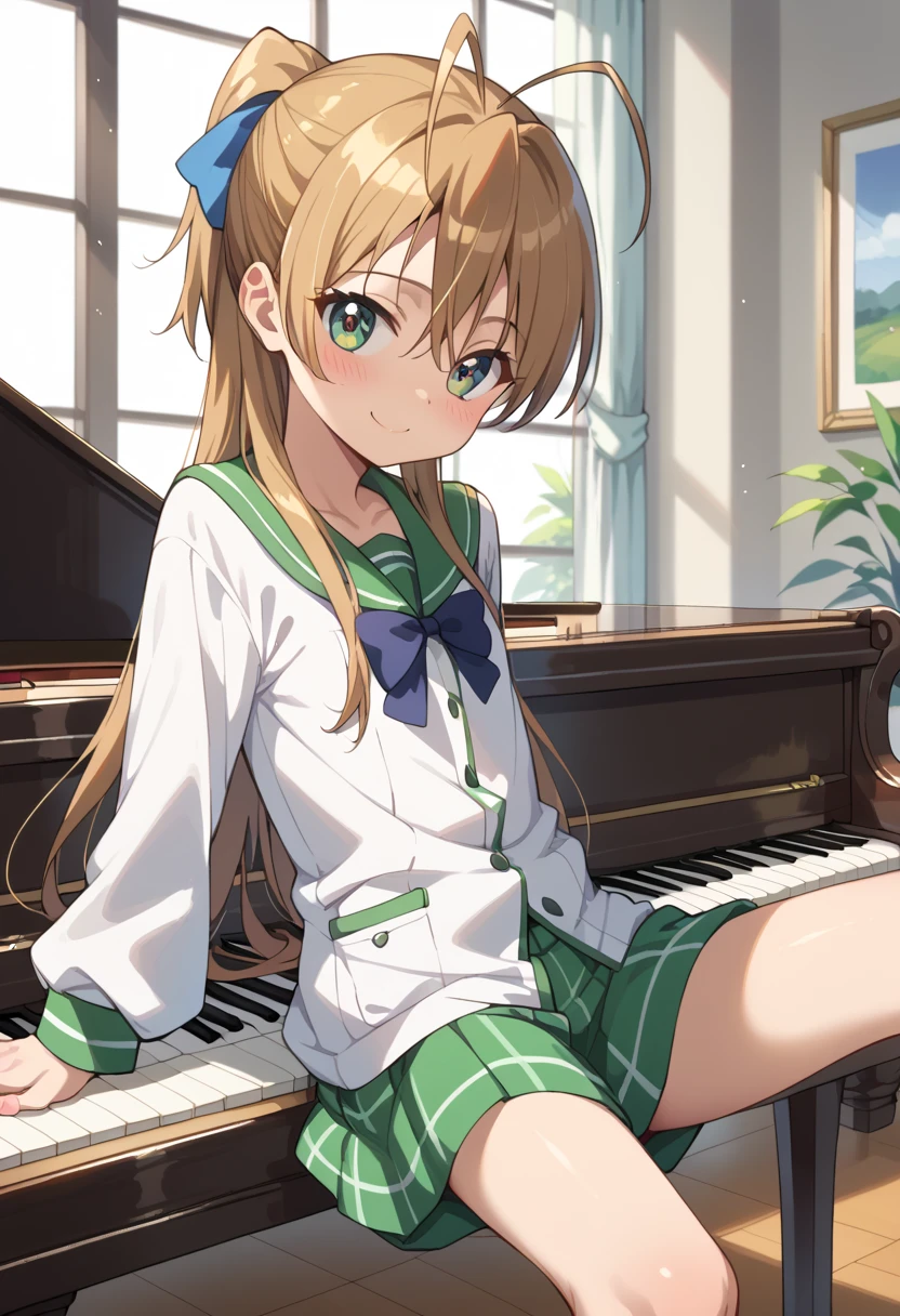 (( top quality )), ((masterpiece)), (be familiar with), perfect face, indoor, bedroom,  watching viewers,
One woman, Miyamoto Rei,
開いた口,  ecstatic expression beside the piano, blush, smile,
 small ,  flat chest, Young girl, Lori,  ,  girl,
 long hair,  ponytail,
Leg spread,