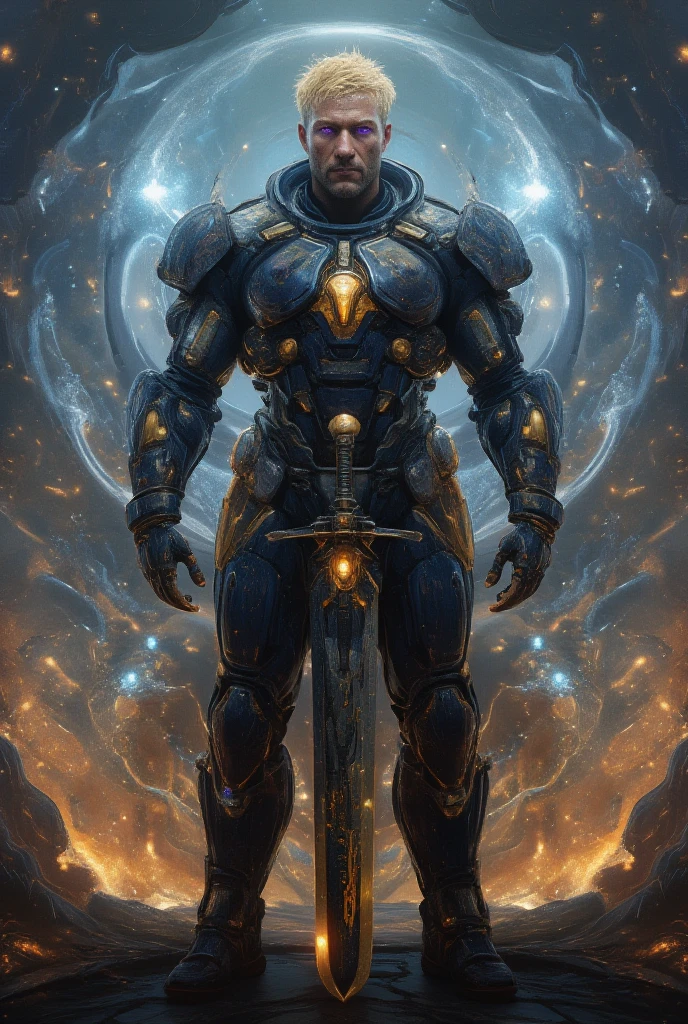 A 50-something male with golden hair with very light and prominent platinum highlights, very short on the sides but long on top like a lock. Striking purple eyes and a bold, manly smirk with his lips. He is dressed in a suit of power armor (shiny blackish electric blue) adorned with golden accents and intricate detailing. The armor covers his entire torso, arms and shoulders, featuring large ornate shoulder pads and a detailed breastplate. The armor has a heavy, metallic carbon fiber quality. He holds a sword-shaped firearm with a very thick and large blade, ornate and graceful carved edge detailing. The background is a very hazy but detailed impressionistic scene of galaxies, sparks and blueish flames, suggesting a fiery environment on an alien planet overlooking outer space. The style is hyper-realistic, with high level of detail on the character's armor and face. Focus on expressing a very strong, serious and powerful male figure. Use rich, deep colors of gray, gold, and orange. Lighting should be dramatic and highlight the textures of the armor. Emphasis on the intricate details and designs of the armor and weapon.