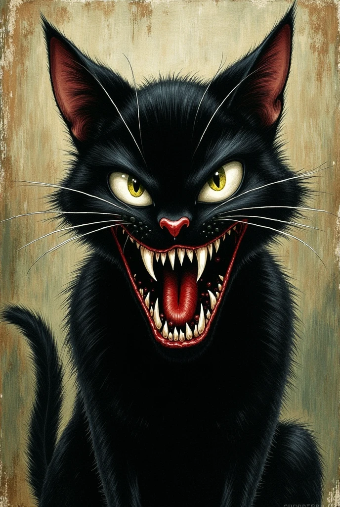 Create A classic horror comic style painting of a highly stylized, cartoonish black cat with an evil exaggerated, terrifying devious, mischievous facial expression. The overall image has a thick, textured brushstroke style. 