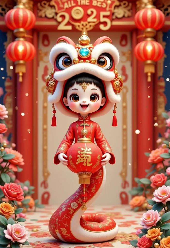 (a beautiful Chinese girl in traditional red qipao,holding a red lantern,smiling,beautiful detailed eyes,beautiful detailed lips,extremely detailed eyes and face,long eyelashes,traditional hairstyle,standing in a festive Chinese New Year setting,fireworks in the background,red couplets on the door,Chinese decorations,celebratory atmosphere,red and gold colors, Above, "All The Best  2025" is projected in luminous golden letters, best quality,4k,8k,highres,masterpiece:1.2,ultra-detailed,realistic,photorealistic,photo-realistic:1.37,studio lighting,sharp focus,physically-based rendering,extreme detail description,professional,vivid colors,bokeh,traditional Chinese art,rich cultural elements,joyful and warm,celebration,red envelopes,dragon dance,lanterns,firecrackers)