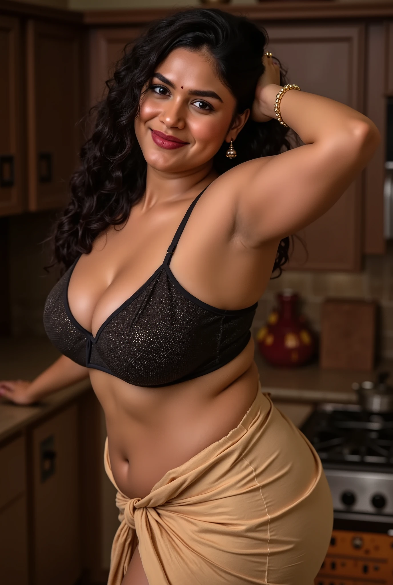an ullu desi indian cute actress hot plus size standing in kitchen. She has curly black hair and are posing with one hand on the back of their head. She wearing a sleeveless, shimmering black strappy tube bra and a Champagne Gold Satin Saree with a smooth texture. background is deep blurred, the showing Thigh legs, sexy stubble hairy armpits, sexy deep juicy navel, golden waist chain,