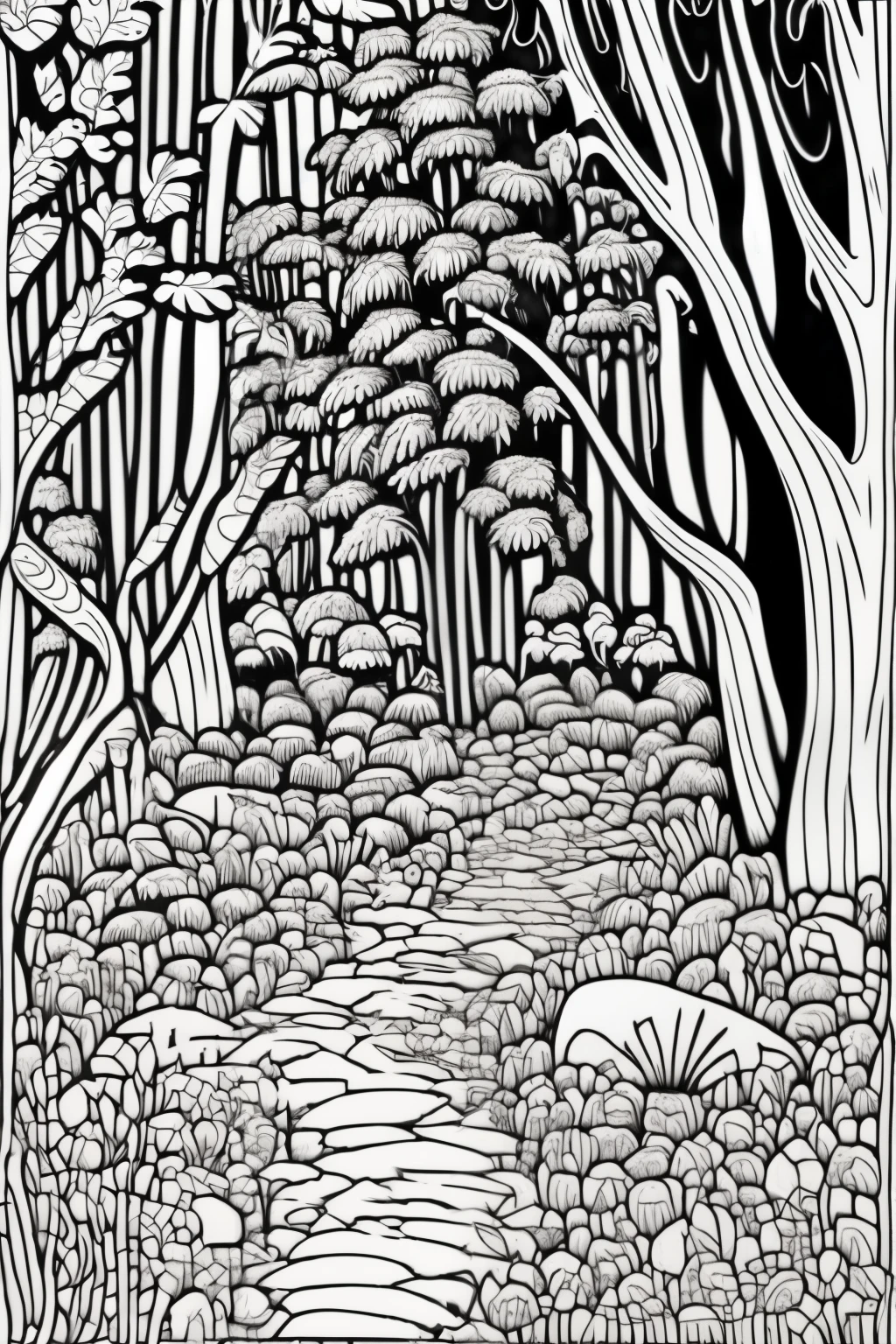 elven forrest . coloring book style. black and white image. vector line only.