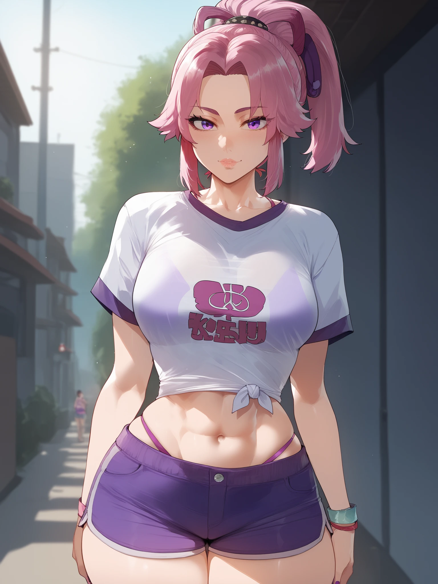 Rainy Town、Athlete girl、Pink Hair、short hair、Black choker、Running、Big Breasts、Emphasize the chest、Erect nipples、See-through T-shirt