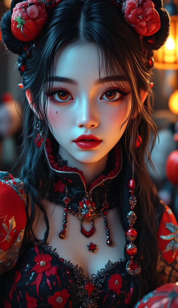 korean girl cute memo, style cranberrycore dark and chaotic, fairy kei, manticore, gothic dark intensity, emphasis on facial expression, vanitas, (best quality,4k,8k,highres,masterpiece:1.2),ultra-detailed,(realistic,photorealistic,photo-realistic:1.37),