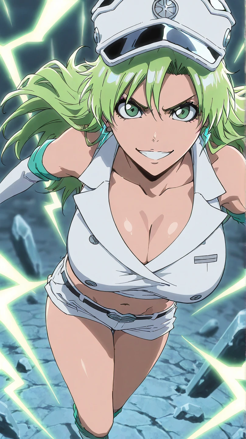 <lora:candice-pruned-000005:0.8>,1girl, solo, long hair, looking at viewer, hat, green hair, wings, belt, blush, wet, glowing, torn clothes, green eyes, shorts, clenched teeth