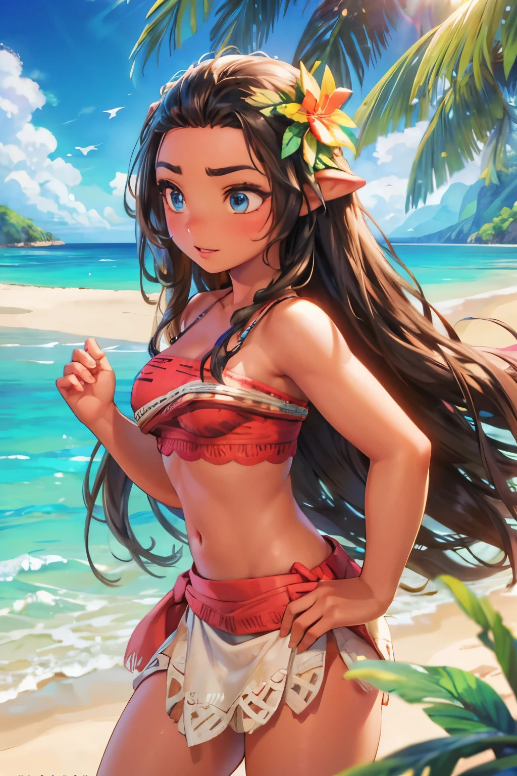 A woman (sexy Moana) with long brown hair in a blue and white bikini, beautiful detailed eyes, beautiful detailed lips, extremely detailed face, long eyelashes, young and sexy looking, posing confidently, tropical beach background, golden sand, blue ocean, palm trees, warm sunlight, vibrant colors, photorealistic, highly detailed, 8k, best quality, masterpiece, ultra-detailed, realistic