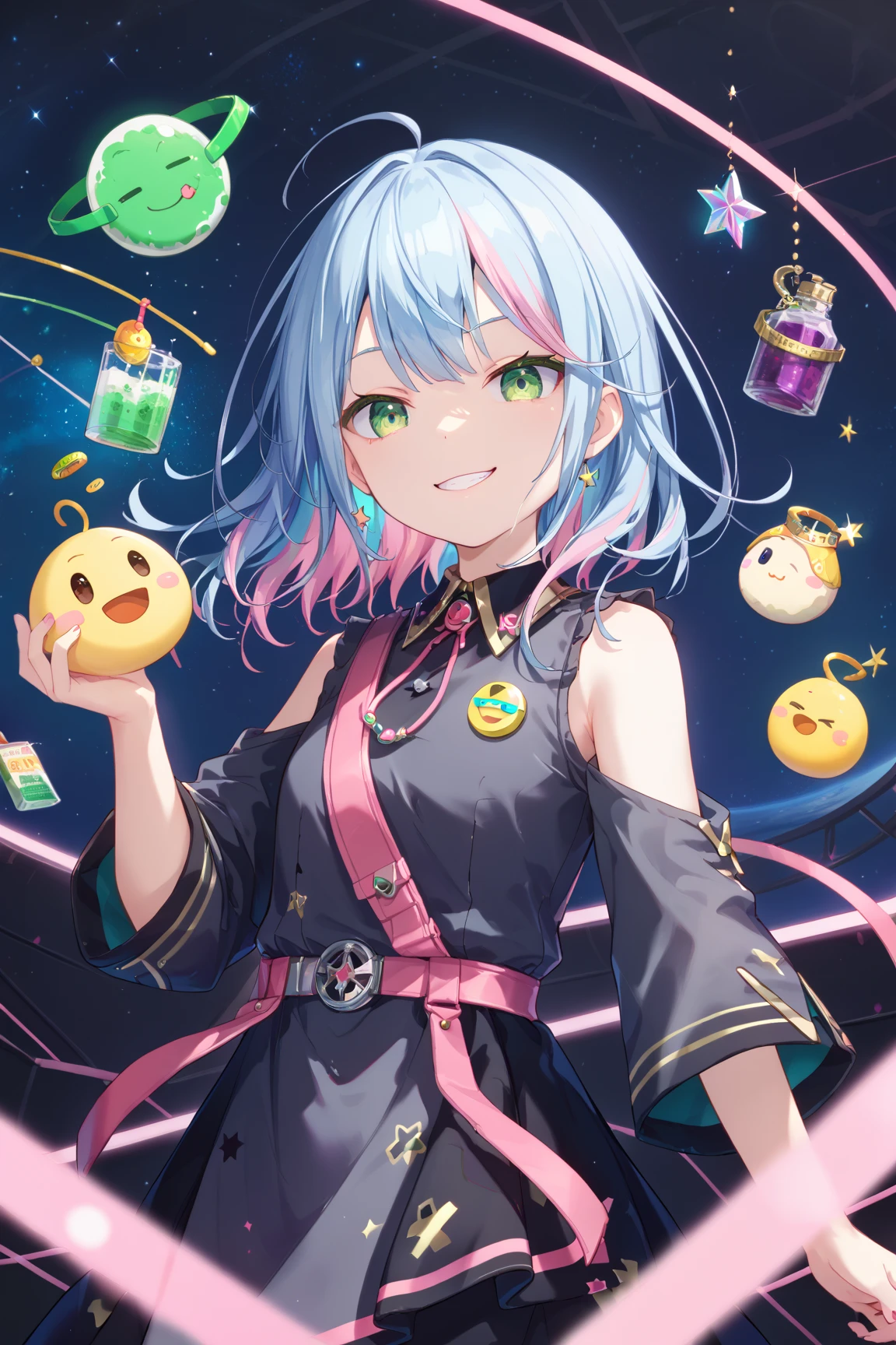 score_9, score_8_consolation, score_7_consolation, sauce_ animation, zPDXL2, light blue hair, pink secret two-tone hair,  dark gray dress ,  green eyes , dark space, A foundation with nothing, serene,  smiley face