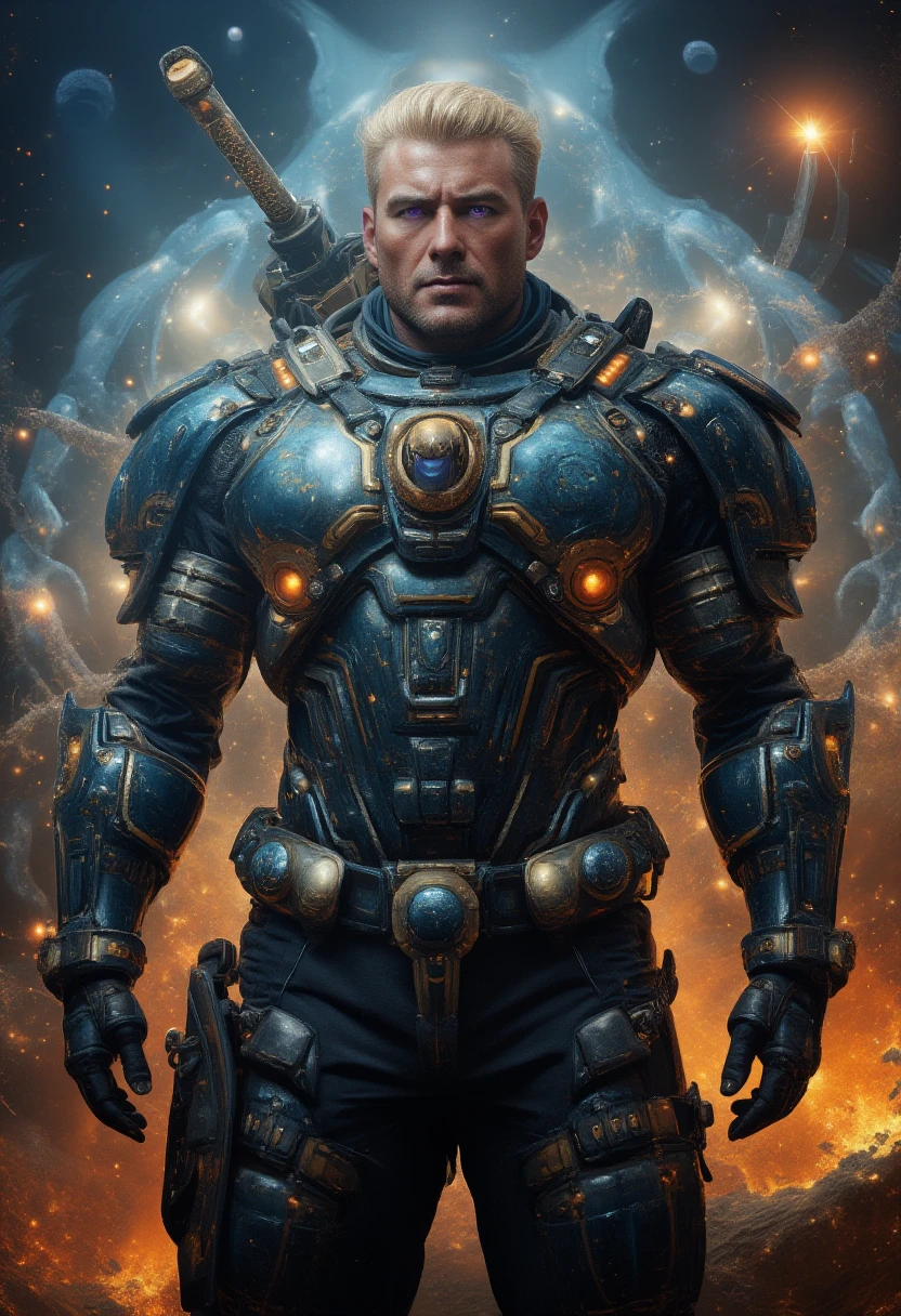 A 50-something male with golden hair with very light and prominent platinum highlights, very short on the sides but long on top like a lock. Striking purple eyes and a bold, manly smirk with his lips. He is dressed in a suit of power armor (shiny blackish electric blue) adorned with golden accents and intricate detailing. The armor covers his entire torso, arms and shoulders, featuring large ornate shoulder pads and a detailed breastplate. The armor has a heavy, metallic carbon fiber quality. He holds a sword-shaped firearm with a very thick and large blade, ornate and graceful carved edge detailing. The background is a very hazy but detailed impressionistic scene of galaxies, sparks and blueish flames, suggesting a fiery environment on an alien planet overlooking outer space. The style is hyper-realistic, with high level of detail on the character's armor and face. Focus on expressing a very strong, serious and powerful male figure. Use rich, deep colors of gray, gold, and orange. Lighting should be dramatic and highlight the textures of the armor. Emphasis on the intricate details and designs of the armor and weapon.