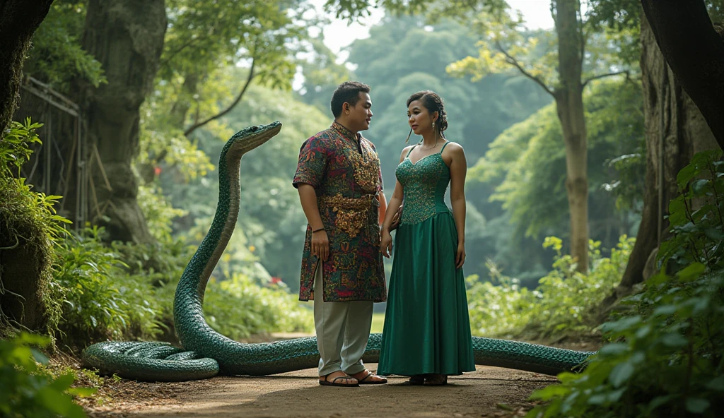  "A cinematic, high-resolution 4k image of an Indonesian man in traditional wedding attire, standing next to a beautiful woman whose lower body is transformed into a large serpent. The woman is wearing an elegant green dress that flows beautifully around her. The setting is a lush, enchanted forest with soft, natural lighting, creating a mystical and romantic atmosphere. The background is detailed, with vibrant greenery and a clear, bright sky. The man and the woman are positioned in the center, with the serpent's tail coiling around the ground elegantly. The scene is visually striking, with clear, sharp details and vibrant, warm lighting. The effects should give the image a cinematic, dreamy quality, with the colors popping and the details crisp and vibrant.