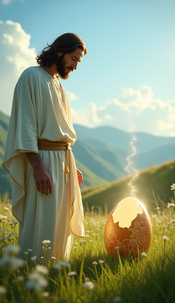 "Jesus Christ, depicted with a serene expression, wearing a white robe with a sash, standing in a lush meadow under a bright blue sky. He is gazing at a large, mysterious egg resting on the grass. The egg is slightly cracked, glowing faintly with an ethereal light, and has intricate golden patterns etched on its surface. The background features rolling hills, blooming wildflowers, and a soft, radiant sunlight casting a gentle halo around Him, creating a peaceful and divine atmosphere."