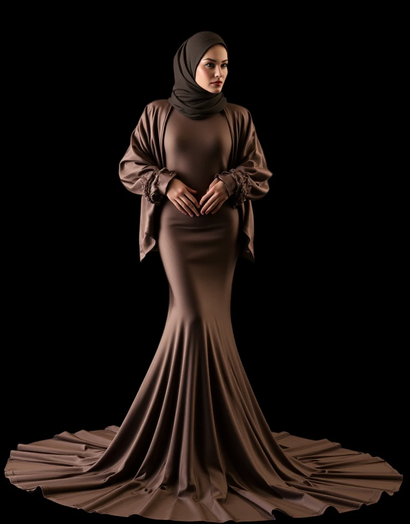 An turk woman in glamorous mermaid evening dress, long ballon sleeve bolero, long satin scarf wrapped around her arms, wear jewellery, wear modern satin hijab, entirety of fabric over dress about 7 meters in length trailing dramatically, glamours style, overlong dress train, extreme detail on the texture of the fabric, sexy random pose in studio, dramatic lighting, ultra realistic, high-resolution photography.