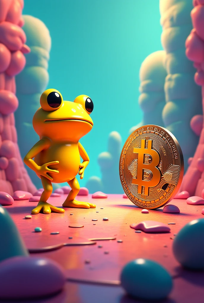 president trump with green skin like pepe the frog standing next to bitcoin chart with word stonk