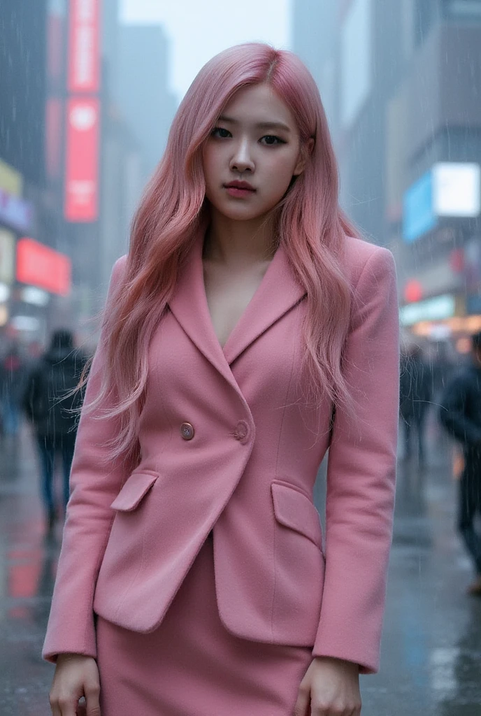 Angela is a beautiful 19 year old woman, long, wavy, pink hair, detailed blue eyes, detailed face, camera-ready, high-detail skin, strong compact body, (medium cup size), wearing high-detail cyberpunk dress , pink color, futuristic cyberpunk city background, Misty, humid, Raining, Best masterpiece quality, photo realistic, intricately detailed, 8k, HDR, shallow depth of field, wide light, high contrast, backlight, Flags light, chromatic aberration, sharp focus, RAW color photo, looking at the camera, shipping