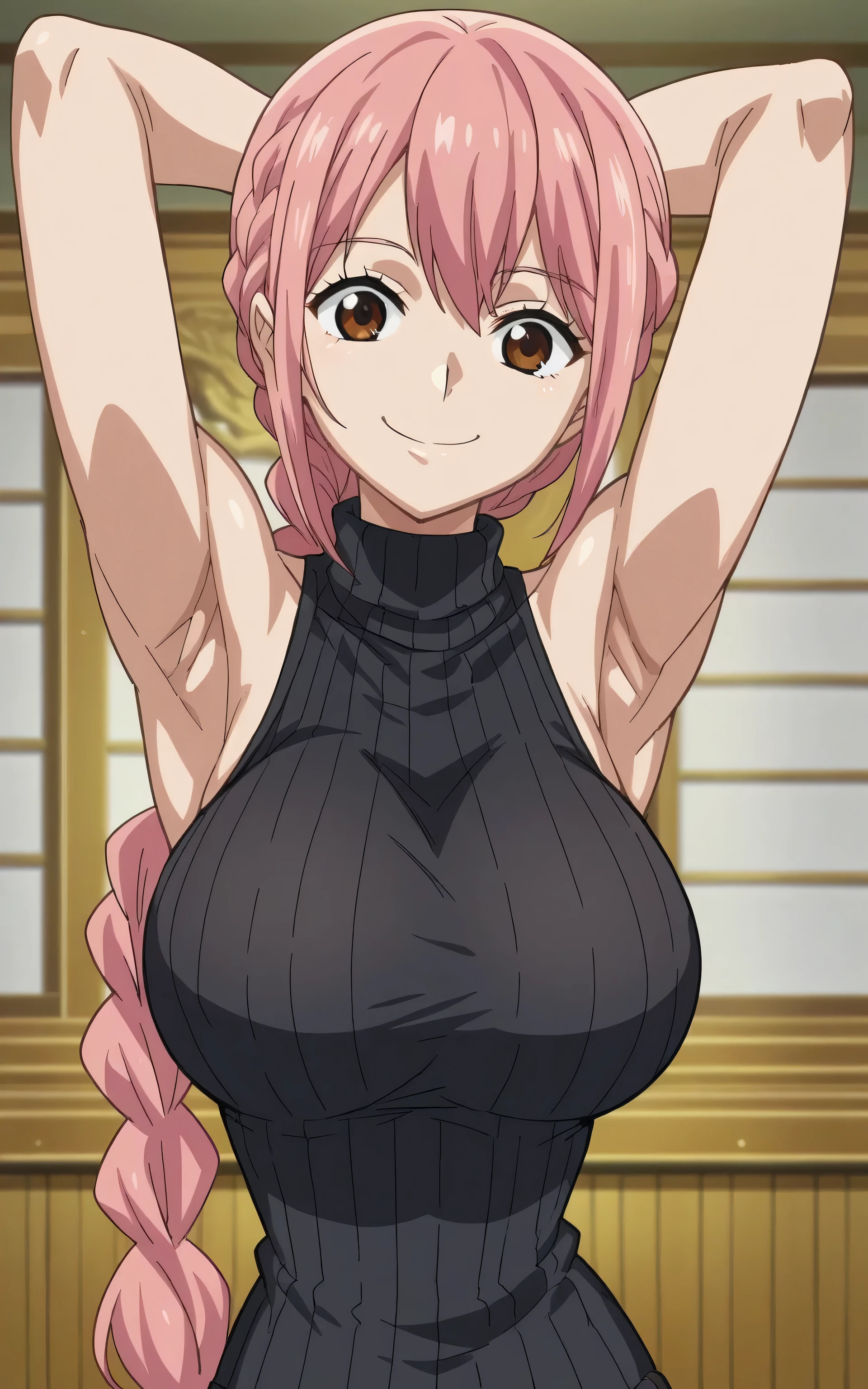 score_9, score_8_up, score_7_up, source_anime, anime screencap, 1girl, solo, RebeccaXLP, pink hair, brown eyes, large breasts, single braid, arms behind head, armpits, looking at viewer, head towards viewer, smile, badhandv4, closed mouth, indoors, black sweater, sleeveless sweater, ribbed sweater, turtleneck 