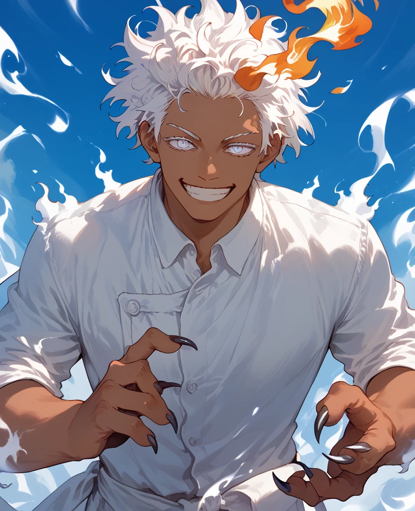 man, flaming hair, tan skin, anime style, white fire powers, white eyes, white hair, claws, sky, smile, white fire, messy hair, strong