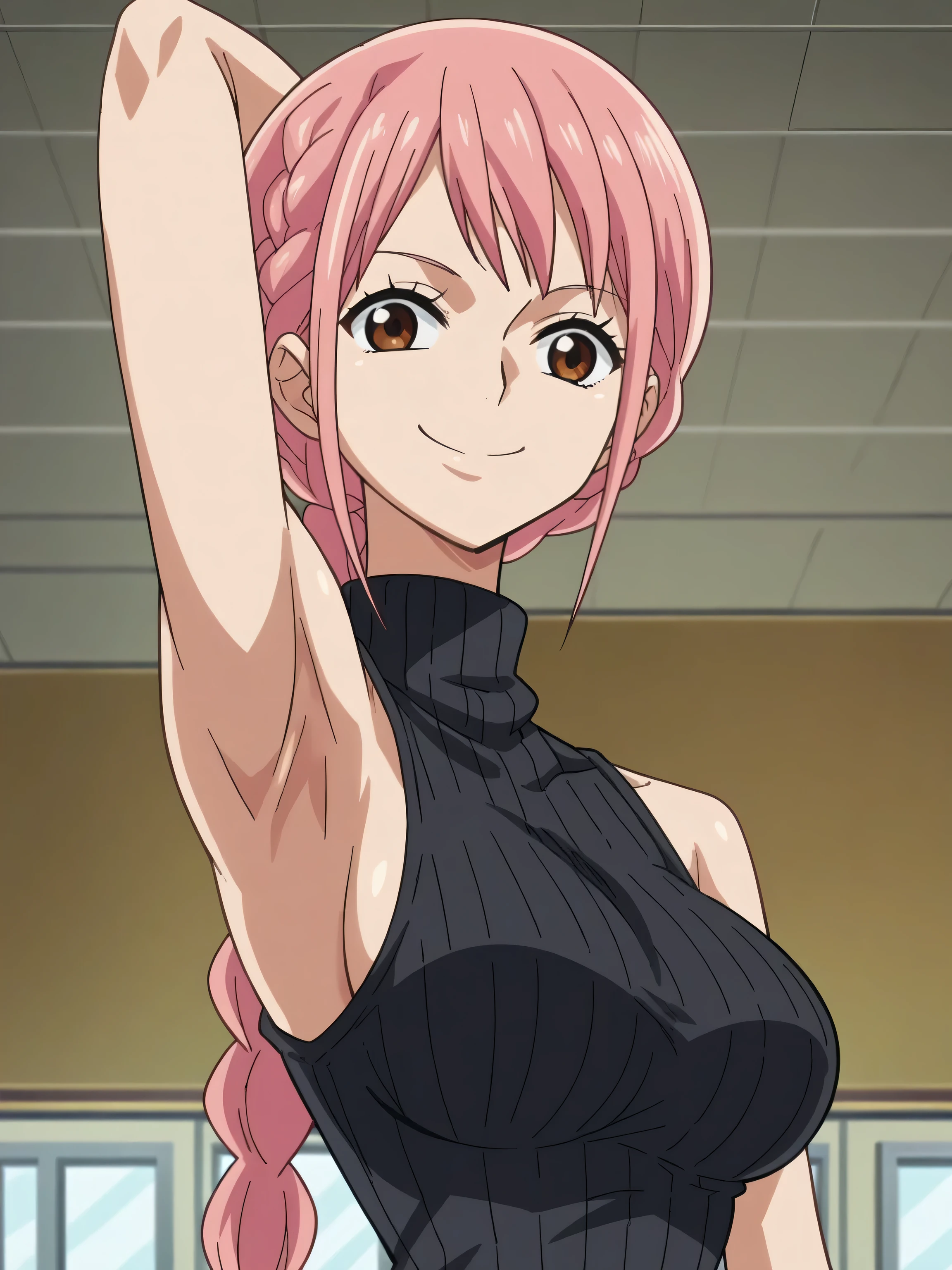 score_9, score_8_up, score_7_up, source_anime, anime screencap, 1girl, solo, RebeccaXLP, pink hair, brown eyes, large breasts, single braid, arm behind head, armpit, looking at viewer, head towards viewer, smile, badhandv4, closed mouth, indoors, black sweater, sleeveless sweater, ribbed sweater, turtleneck, from side, from below 