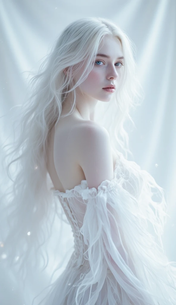 A mesmerizing picture of a gorgeous female model in her 20s with pale white skin, flowing white hair, and mesmerizing purple eyes. She is a french woman. She is wearing an angelic dress. Realistic 4k