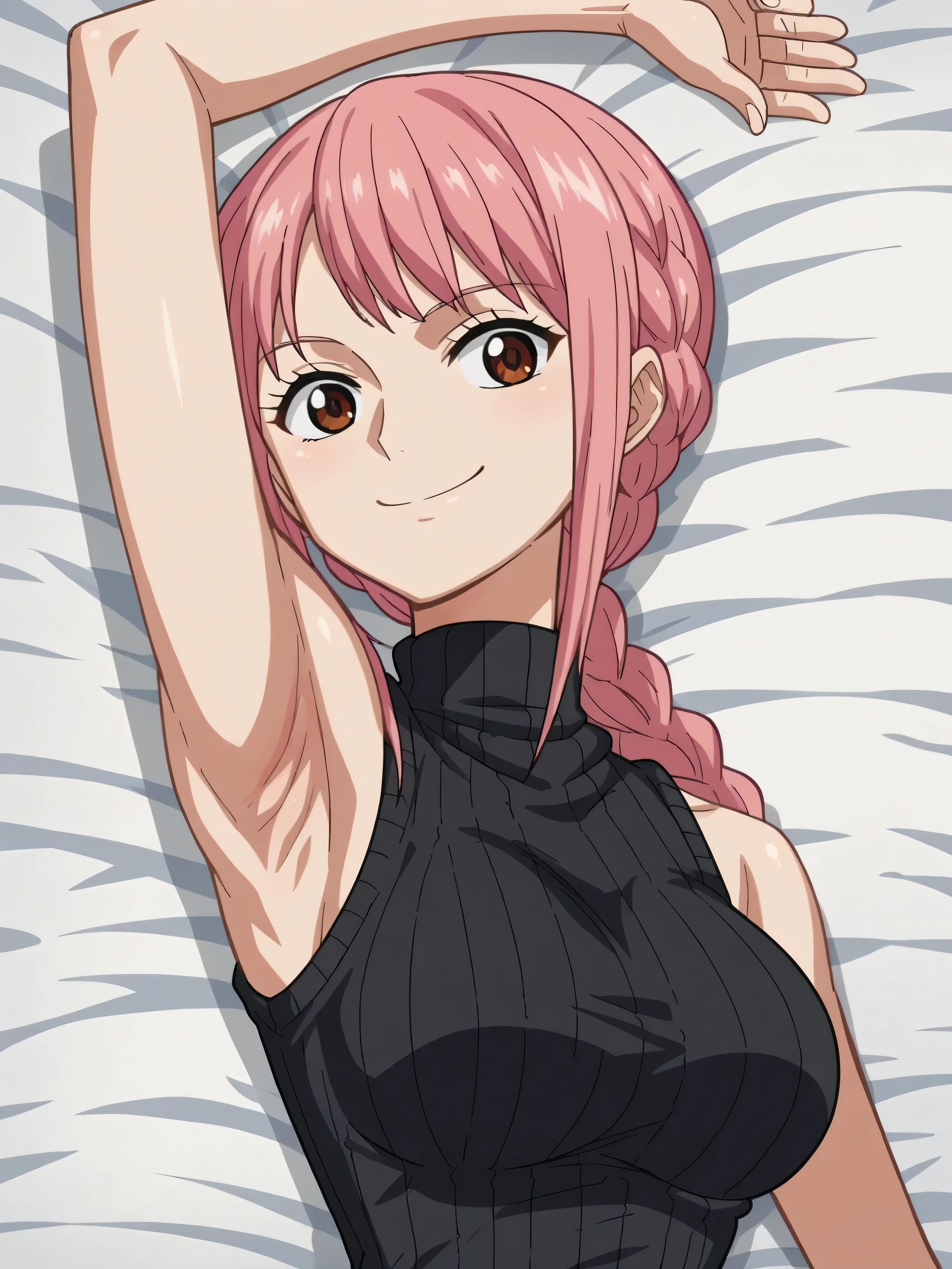 score_9, score_8_up, score_7_up, source_anime, anime screencap, 1girl, solo, RebeccaXLP, pink hair, brown eyes, large breasts, single braid, arms behind head, armpits, looking at viewer, head towards viewer, smile, badhandv4, closed mouth, indoors, black sweater, sleeveless sweater, ribbed sweater, turtleneck 