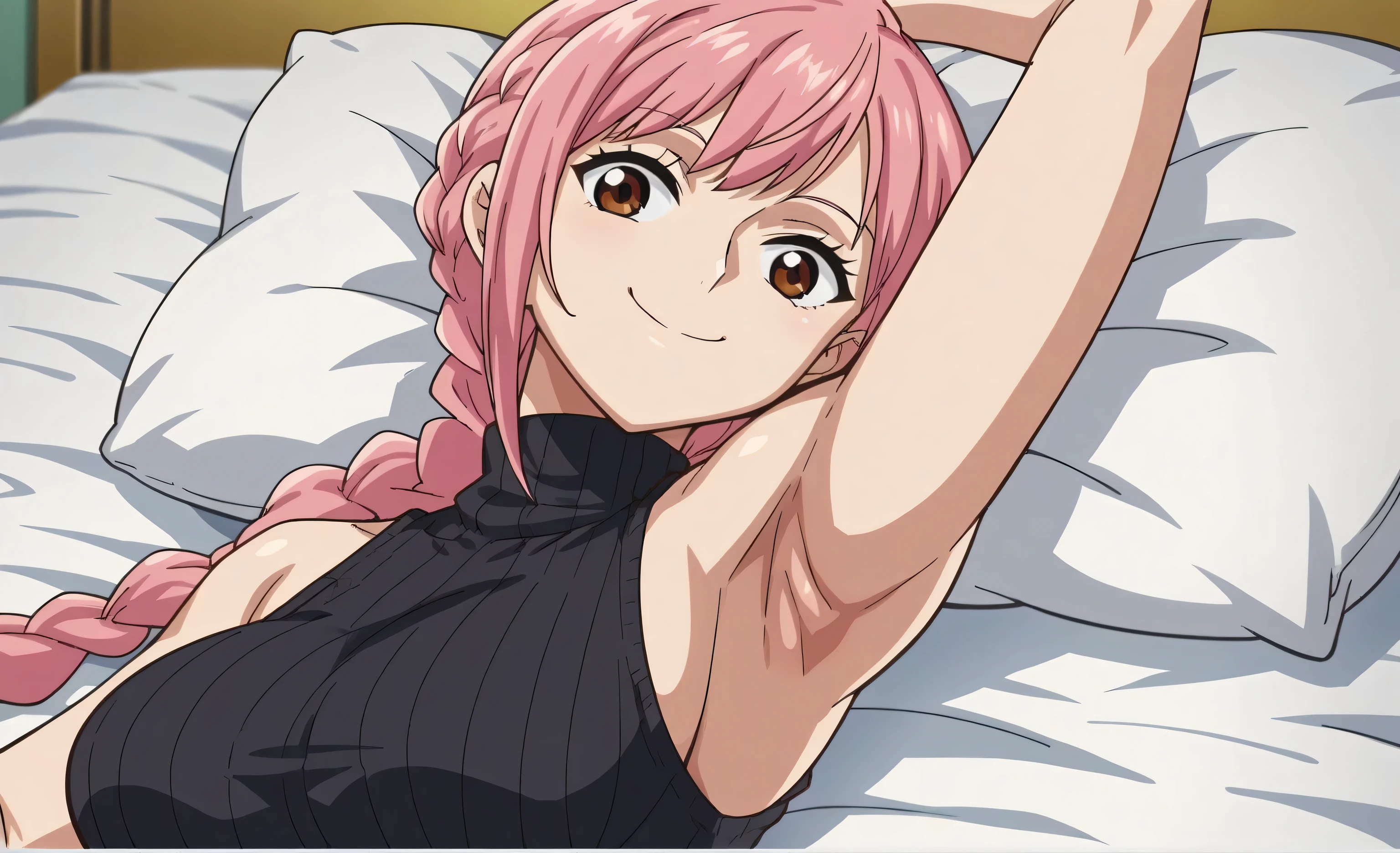 score_9, score_8_up, score_7_up, source_anime, anime screencap, 1girl, solo, RebeccaXLP, pink hair, brown eyes, large breasts, single braid, arms behind head, armpits, looking at viewer, head towards viewer, smile, badhandv4, closed mouth, indoors, black sweater, sleeveless sweater, ribbed sweater, turtleneck 