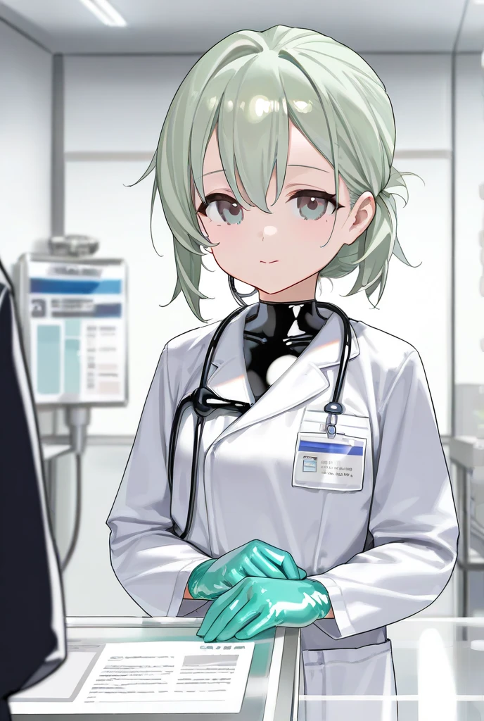   1 girl, ((Light blue-green gloves )), ((  surgical gloves )), ((  latex gloves  )),  Other clothing is not made of latex, (([[doctor outfit)),   viewers, (([[doctor)), ((  Long Sleeve  )),   is standing, Alone