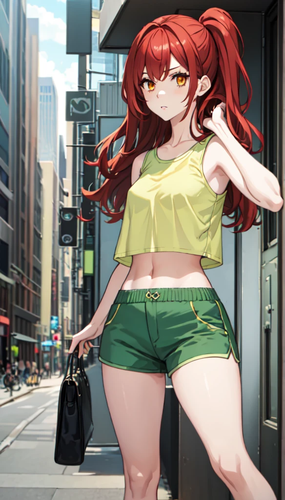 photorealistic, (4k), depth of field, (Masterpiece), (realistic skin texture), extremely detailed, intricate, hyper detailed, professional photography, bokeh, high resolution, sharp detail, best quality, girl, long hair, red hair, bangs, orange eyes, green top, denim shorts, dynamic pose, (playing with her hair), graffiti, city streets, modern city, skyscraper, solo, alone, small crop top