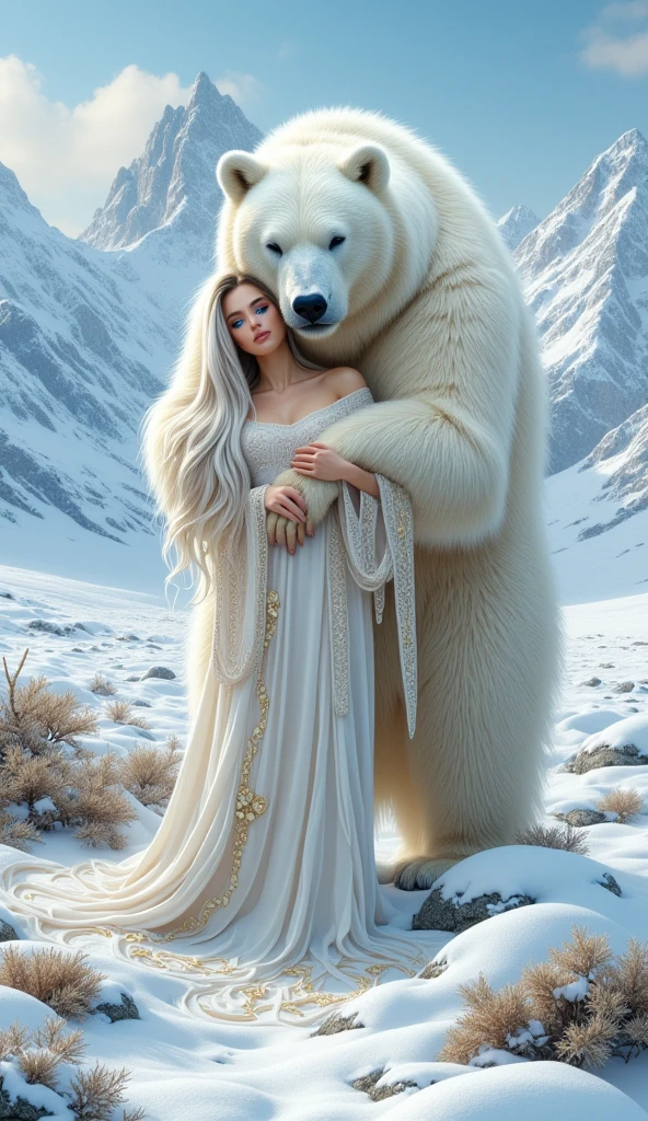 A detailed realistic photo of a white woman ,  with blue eyes smooth white hair and floor-length ,  with splendid white and gold robes looking like royal robes ,  she is embracing a huge white bear with predominantly blue eyes,  they are in a cold place of icy mountains and snow , I want the whole body