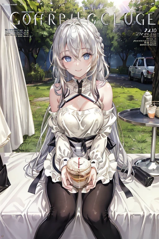 1girl, sitting at table, white hair, ((black dress)), ((hourglass figure)), (from above), grass, white table, under umbrella, black eyes, evil smile, (white eyelashes), sexy, heels, ((long dress)), ((spread her legs)), ((naked pussy)), (pussy), ((cum on face))