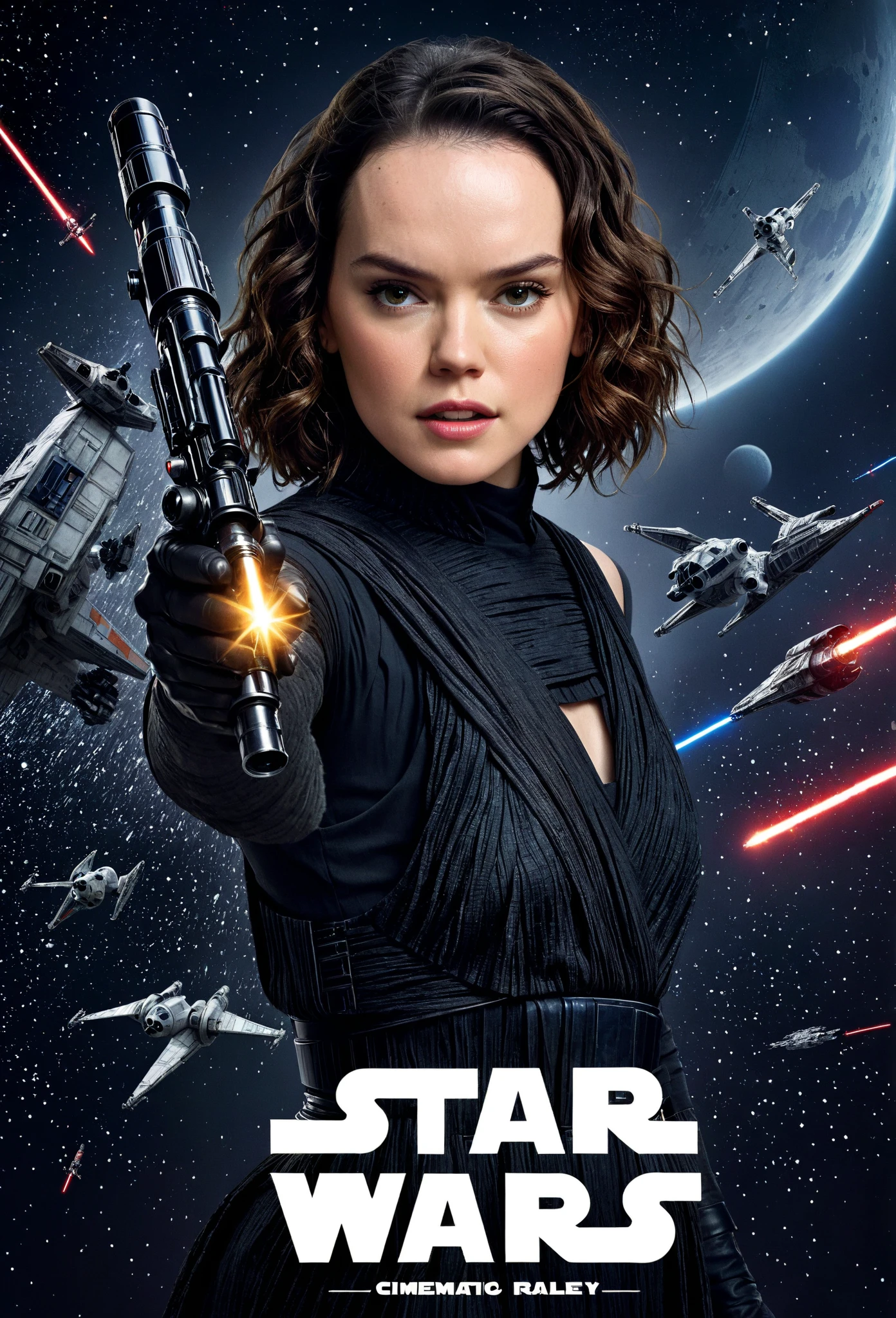 Ultra-detailed Typography Poster, movie-themed, Star wars movie, cinematic fonts, dramatic and bold text, Daisy Ridley 