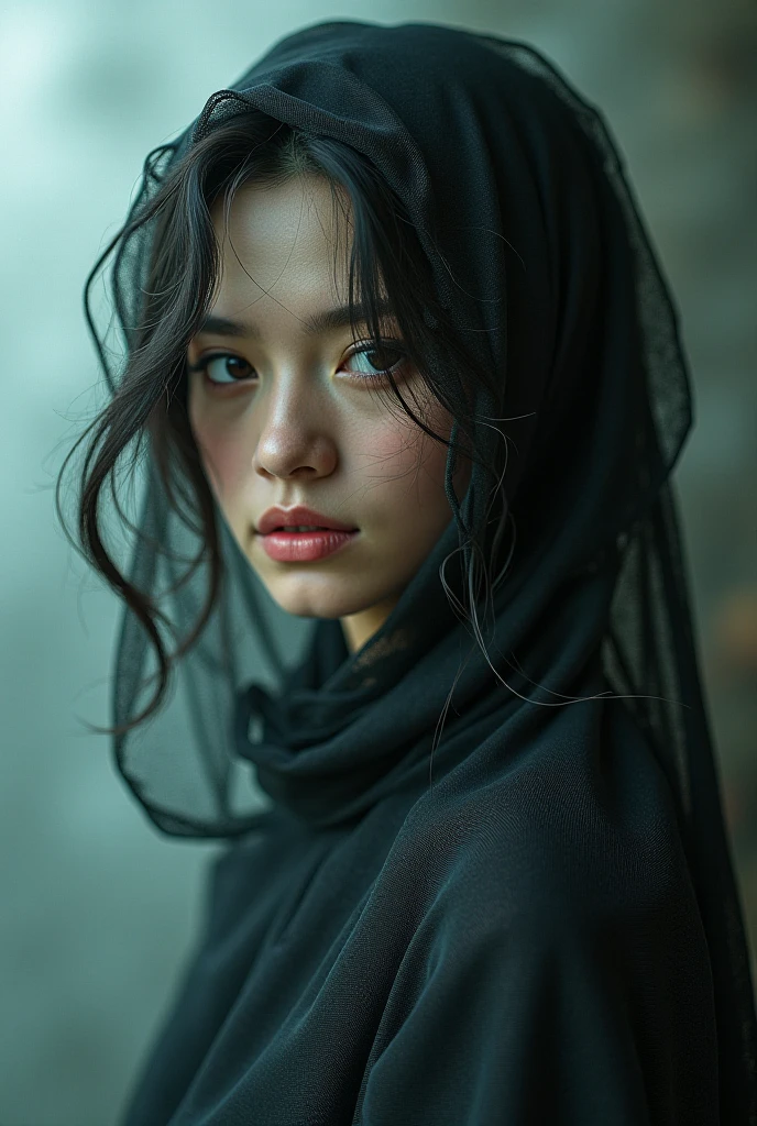 8K, RAW photo, high quality, realistic, full body photo, 1 girl, super detailed face, black veil, in the crater