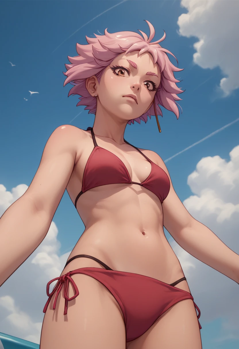 best quality, masterpiece, super high resolution, perfect anatomy, 1girl, purple hair, shoulder length hair, braided bangs, bob cut, side bangs, long bangs, shell hair ornament, aqua eyes, small breasts, tanned skin, freckles, narrow waist, navel, skinny, 23 years old, incredibly absurdres, outdoors, city, crowd, smirk, fighting stance, bikini