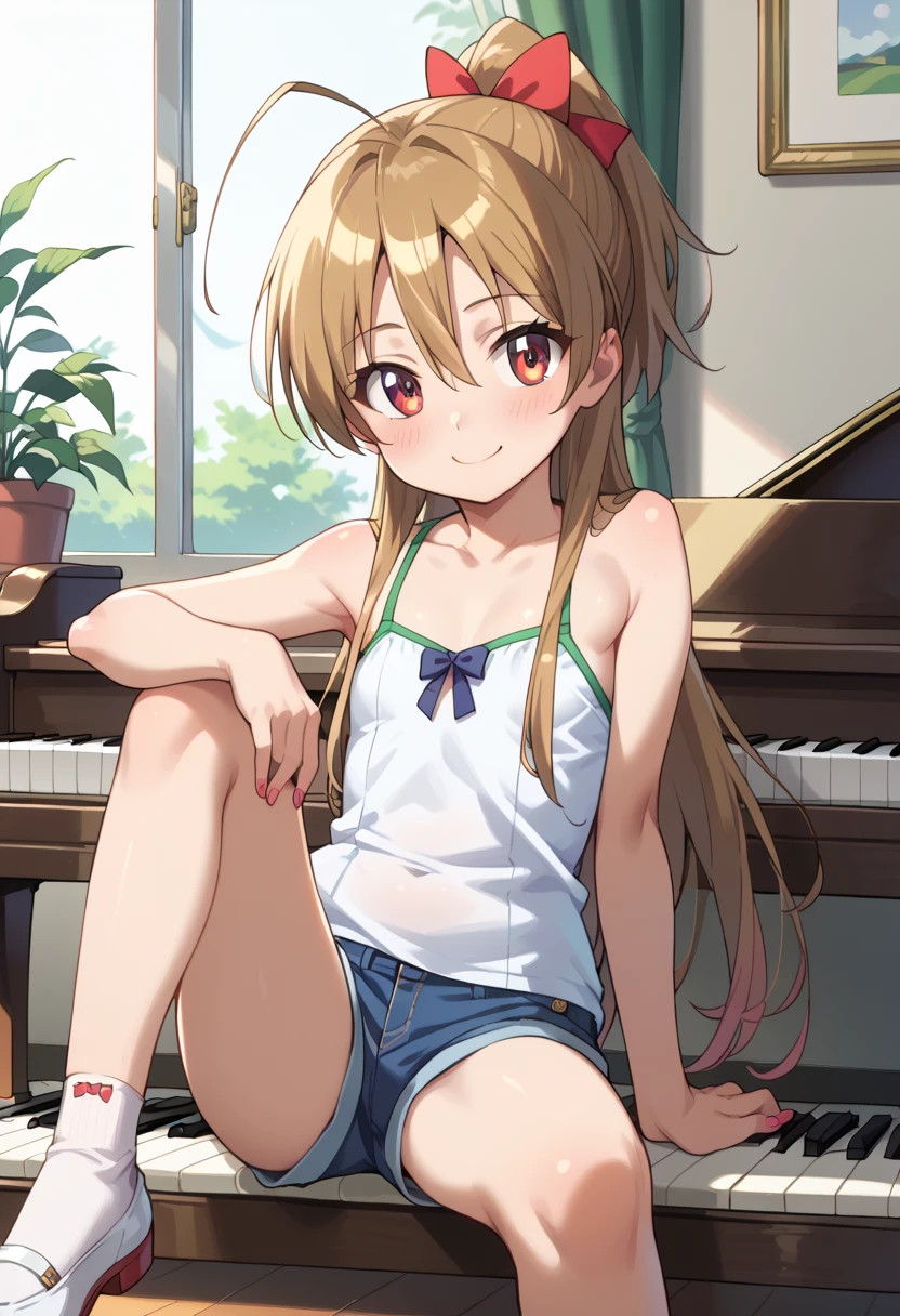 (( top quality )), ((masterpiece)), (be familiar with), perfect face, indoor, bedroom,  watching viewers,
One woman, Miyamoto Rei,
開いた口,  ecstatic expression beside the piano, blush, smile,
 small ,  flat chest, Young girl, Lori,  ****,  girl,
 long hair,  ponytail,
Leg spread,