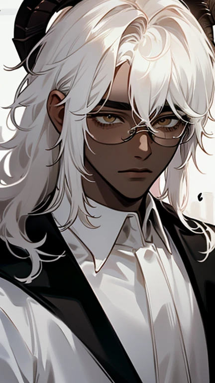 Adult man with dark skin, glasses, two goat horn, messy long and wavy white hair, white eyebrows, white eyeless, yelow eye, white gothic medieval shirt, white shirt 