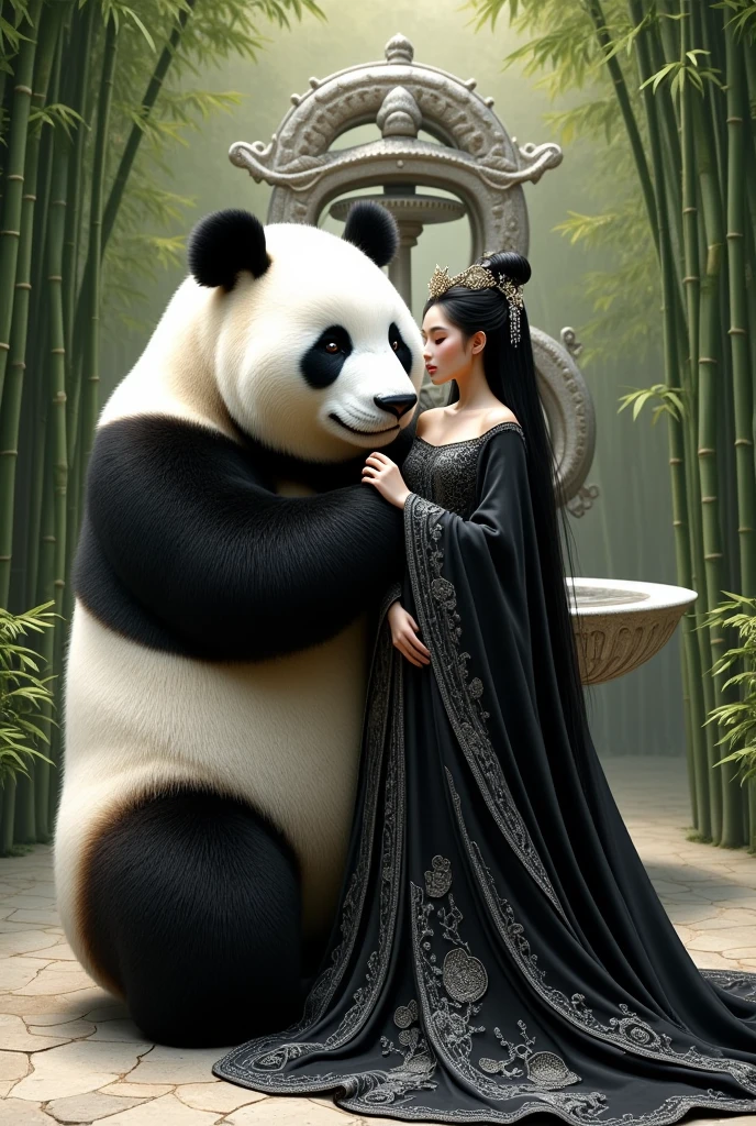 A detailed realistic photo of a white woman ,  Chinese royal robes straight, floor-length black hair , with a long dress, black with silver ,  splendorous looking like royal ,  she is embracing a huge panda bear they are in a place with bamboo trees , behind a beautiful Chinese Dragon Fountain made of marble stone , longing. I want the whole body