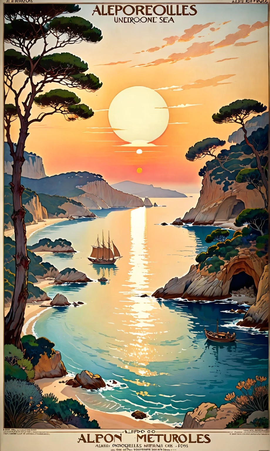 affiche d&#39; A a very natural cove with alepo pin and small mediterranean ships on the sea, under a sunset, texte:"Porquerolles", style art déco, by Alphonse Mucha, french riviera commercial 