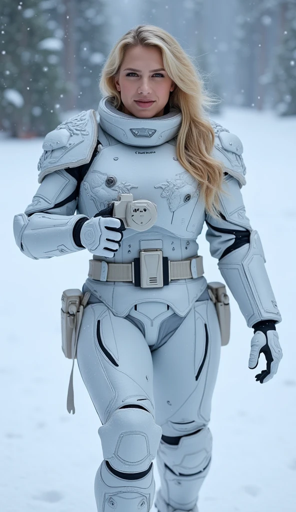 8k hdr  she has fair complexion and long, wavy blonde hair styled in loose waves cascading over her right shoulder. She has a symmetrical face with a delicate nose, full lips, and a subtle, confident smile. she is a space marine wearing  matte black lip color  is wearing white winter camouflage body armor with the left shoulder armor is shaped like a wolf's head. She is holding a   futuristic white laser gun in her hands, walking in a snowstorm on an icy, snowy plain, thick snow falling, snow settling on their hair and armor, cowboy shot,  Her face shows determination,  High Detail, Perfect Composition, dramatic lighting, high contrast