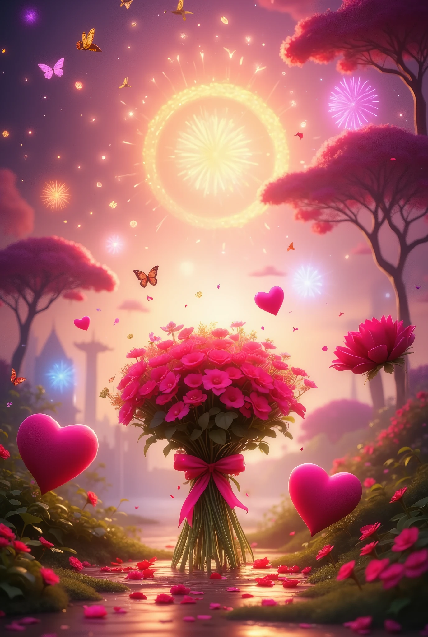  beautiful colors , landscape, fireworks , Теплые  beautiful colors ,  Petals Circle Beautifully , Bright Flower Bouquet ,  Very Beautiful and Romantic Atmosphere ,  Beautiful Red and purple heart-shaped pillow near the bouquet,  Background Very beautiful and gentle with butterflies and some golden pollen ,  masterpiece fails,  complex parts, bright colors,  maximum quality,  better quality , Love, beloved , 8 k, wallpaper, Wonderful,