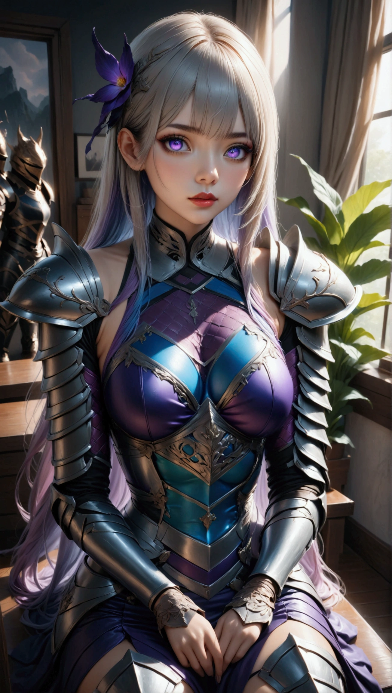 a blue-skinned elf girl with blue-grey hair tied up in a high ponytail, extremely detailed eyes,beautiful detailed purple eyes, beautiful detailed lips, wearing leather armor, action pose, fantasy, fantasy character, high quality, 8k, ultra-detailed, photorealistic, photo-realisti c, physically-based rendering,vivid colors, dramatic lighting. Small bust