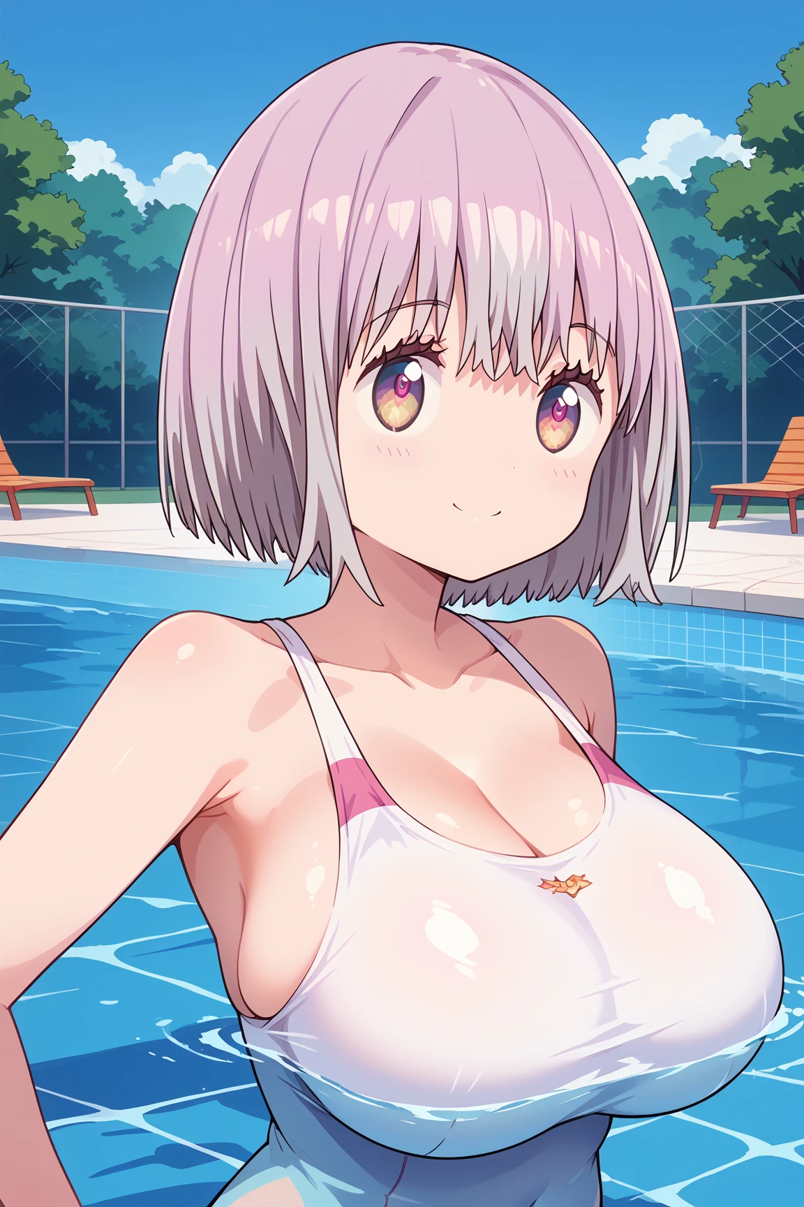 ( top quality ), ( top quality の髪), accurate anatomy, masterpiece, super detailed,  top quality の顔,  top quality の髪, ultra-fine painting, ( finger without bankruptcy),
SSSS GRIDMAN, Shinjo Akane, water park, pool, competition swimsuit, huge breasts,  bewitching smile , 

Floating on the water surface and looking up at the sky,