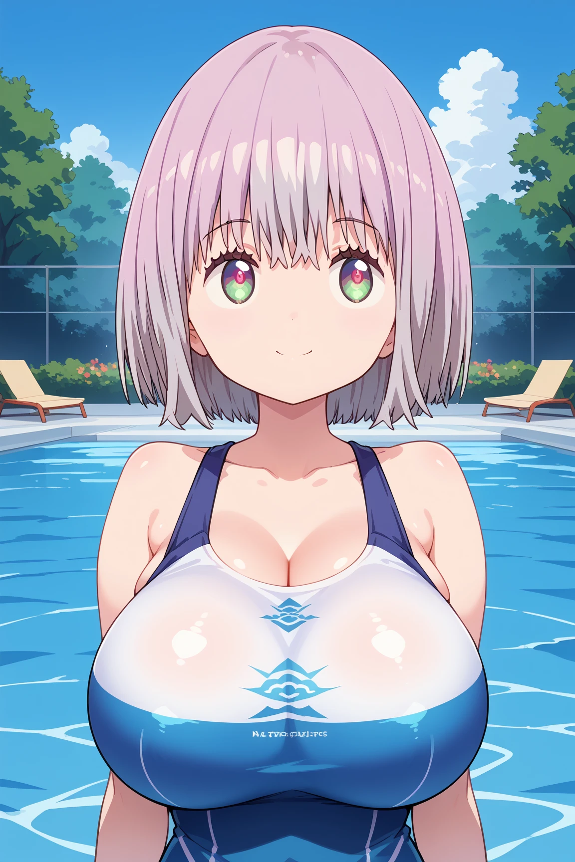 ( top quality ), ( top quality の髪), accurate anatomy, masterpiece, super detailed,  top quality の顔,  top quality の髪, ultra-fine painting, ( finger without bankruptcy),
SSSS GRIDMAN, Shinjo Akane, water park, pool, competition swimsuit, huge breasts,  bewitching smile , 

Floating on the water surface and looking up at the sky,