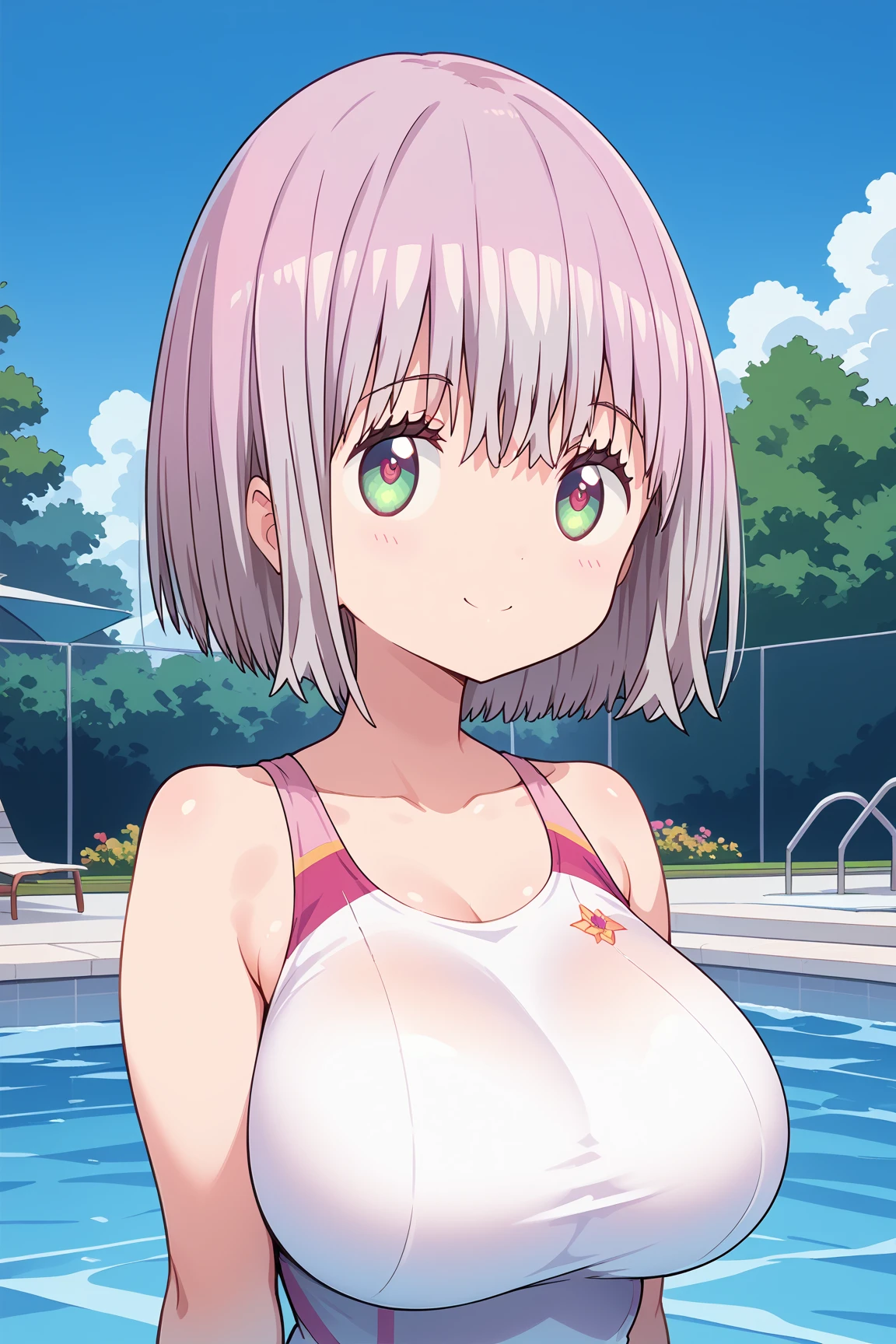 ( top quality ), ( top quality の髪), accurate anatomy, masterpiece, super detailed,  top quality の顔,  top quality の髪, ultra-fine painting, ( finger without bankruptcy),
SSSS GRIDMAN, Shinjo Akane, water park, pool, competition swimsuit, huge breasts,  bewitching smile , 

Floating on the water surface and looking up at the sky,