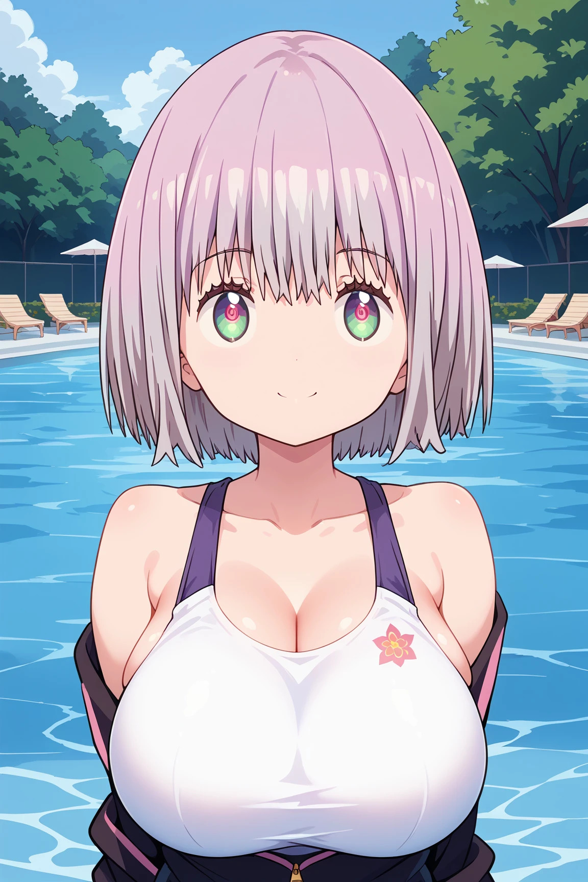 ( top quality ), ( top quality の髪), accurate anatomy, masterpiece, super detailed,  top quality の顔,  top quality の髪, ultra-fine painting, ( finger without bankruptcy),
SSSS GRIDMAN, Shinjo Akane, water park, pool, competition swimsuit, huge breasts,  bewitching smile , 

Floating on the water surface and looking up at the sky,