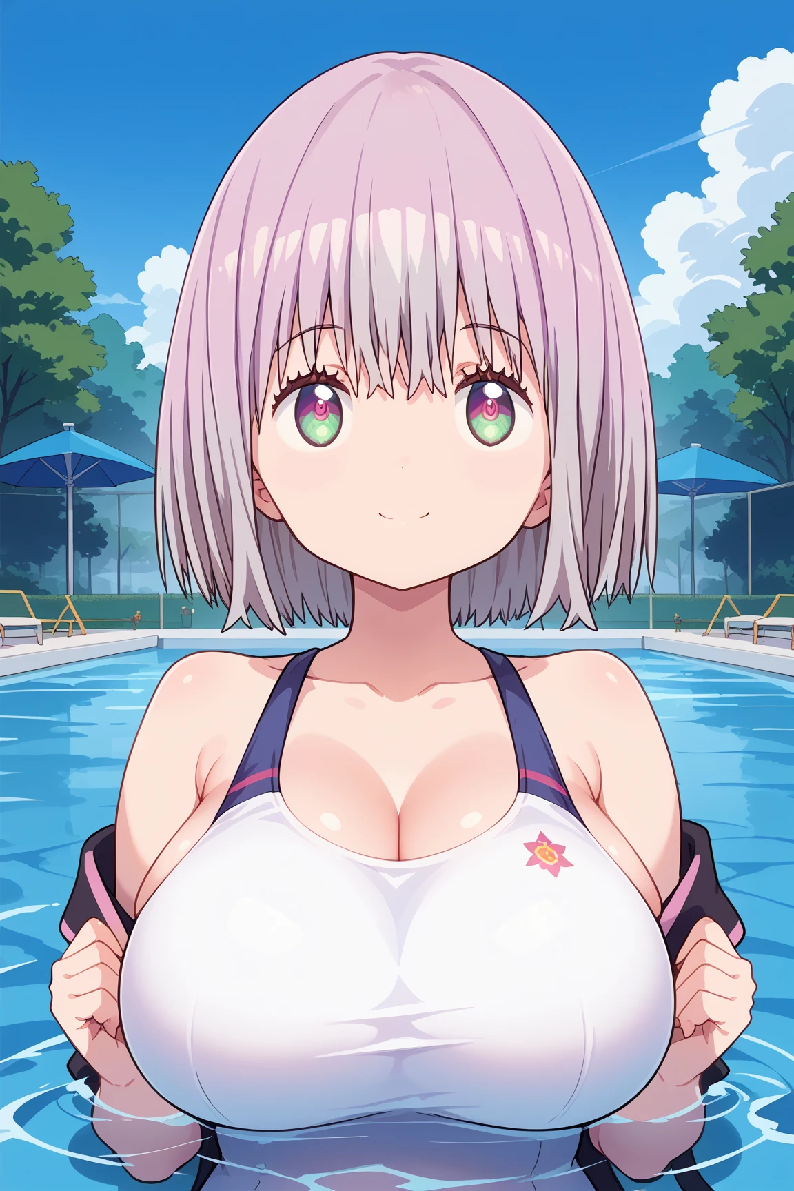 ( top quality ), ( top quality の髪), accurate anatomy, masterpiece, super detailed,  top quality の顔,  top quality の髪, ultra-fine painting, ( finger without bankruptcy),
SSSS GRIDMAN, Shinjo Akane, water park, pool, competition swimsuit, huge breasts,  bewitching smile , 

Floating on the water surface and looking up at the sky,