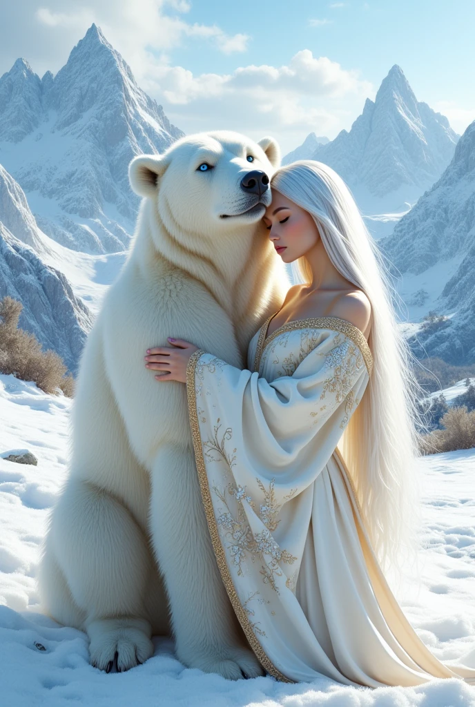 A detailed realistic photo of a white woman , with light blue eyes ,   straight, floor-length white hair ,  with gorgeous white and gold robes with long sleeves with feathers,  looking like royal robes ,  she is embracing a huge white bear with predominantly blue eyes,  they are in a cold place of icy mountains and snow , I want the whole body