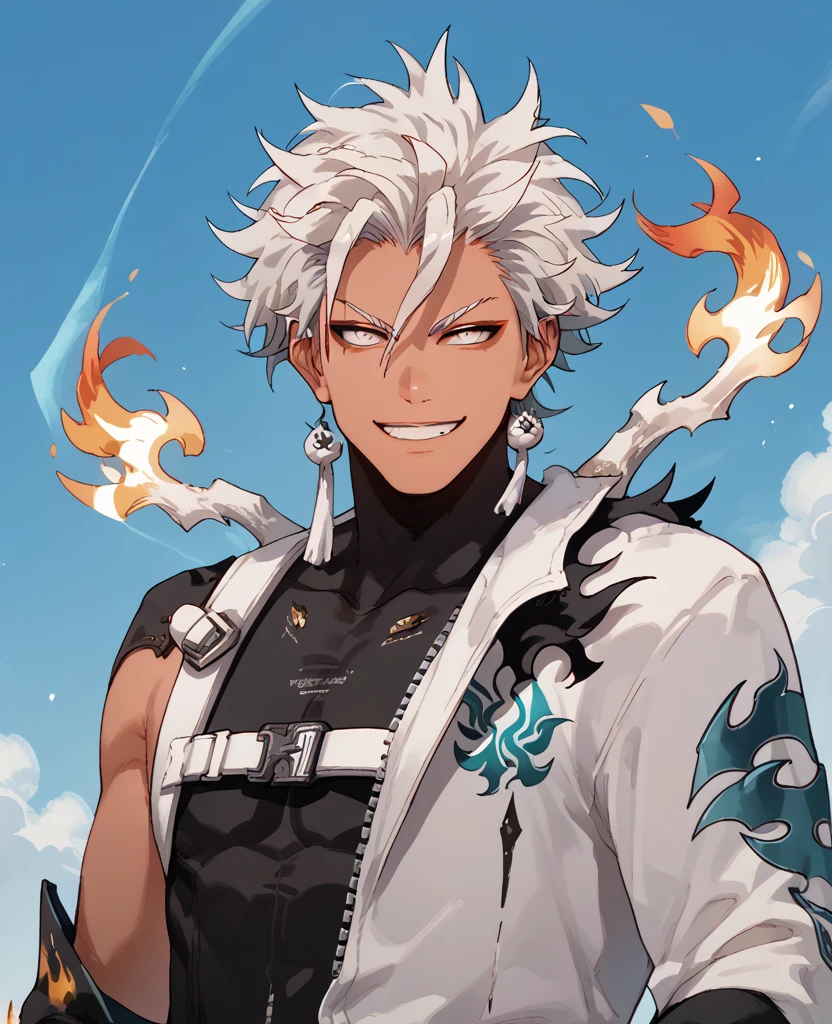 man, flaming hair, tan skin, anime style, white fire powers, white eyes, white hair, claws, sky, smile, white fire, messy hair, strong