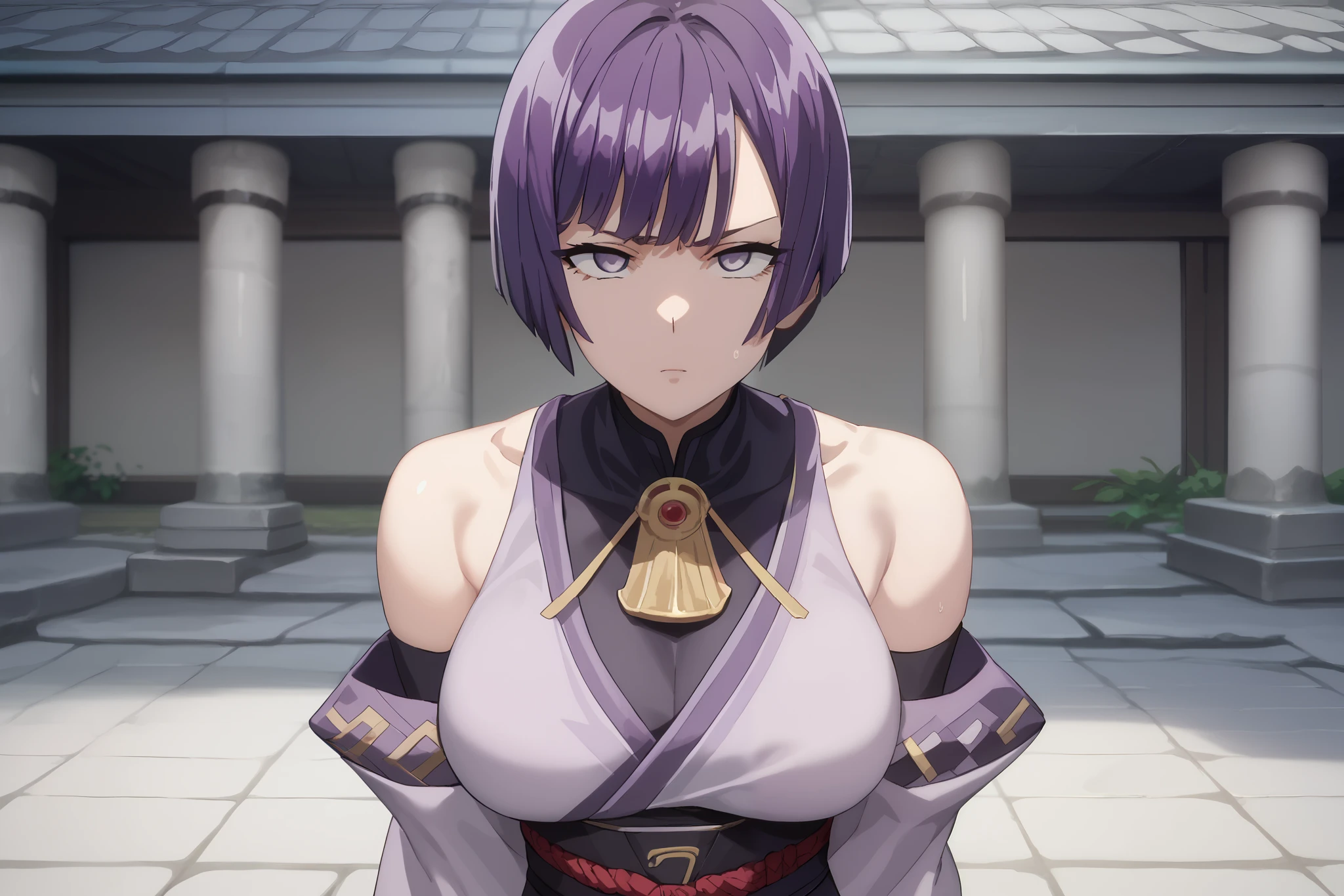 Game CG, Anime style, ((high resolution)), (((masterpiece))), (((best quality))), ((ultra-detailed)), (cinematic lighting), {illustration}, {beautiful detailed eyes}, {shining splendid skin}, {{{glossy skin}}}, {1girl}, extremely detailed, exaggerated proportion, solo, 1girl, (purple hair), (medium bobcut), ((choppy bang)), purple eyes,wearing purple kimono, ((detached sleeve)), exposed shoulder, dynamic pose, red sash, looking at viewer, Cold face, ((Asian Temple background)), ((Dynamic Close-Up shot)), focus on face, (((anatomically correct hand))), {{ratatatat74}}, ((anime screencap)), pixiv