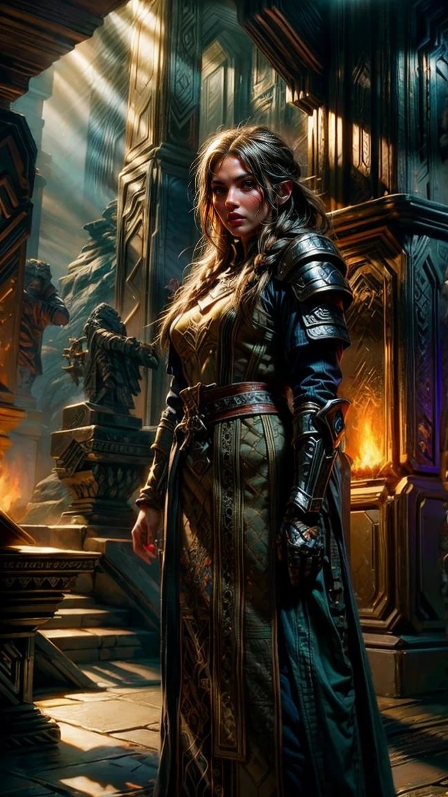 Highly detailed, cinematic, realistic. A stunning red-haired female dwarf cleric with a short, stocky, and muscular build, exuding both strength and wisdom. She wears intricately designed lighter armor made of leather and gleaming metal accents, adorned with runic patterns and symbols of her faith. Her vibrant hair is braided intricately, framing her determined face with piercing green eyes. She stands confidently in a grand underground temple, surrounded by towering stone pillars and glowing runes etched into the walls. The atmosphere is illuminated by a mystical, warm light emanating from a massive, sacred altar at the temple’s center, casting dramatic shadows that enhance the scene's grandeur and mystery. Rendered in ultra-high detail to capture every texture and nuance.