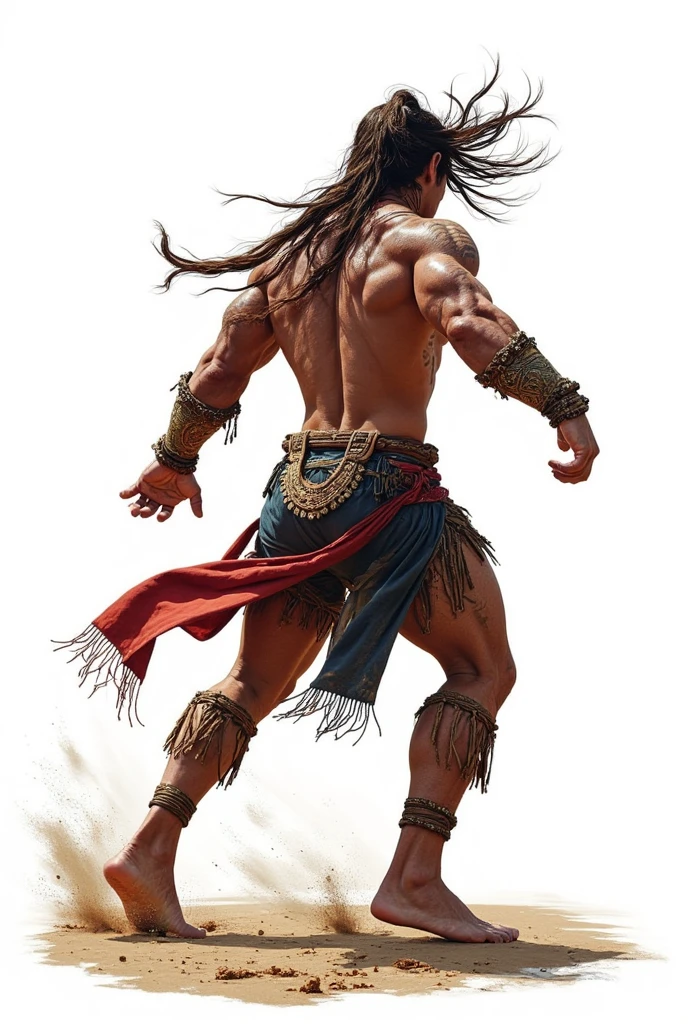 fantasy, white background, tribal warrior, action pose, back view, anime style