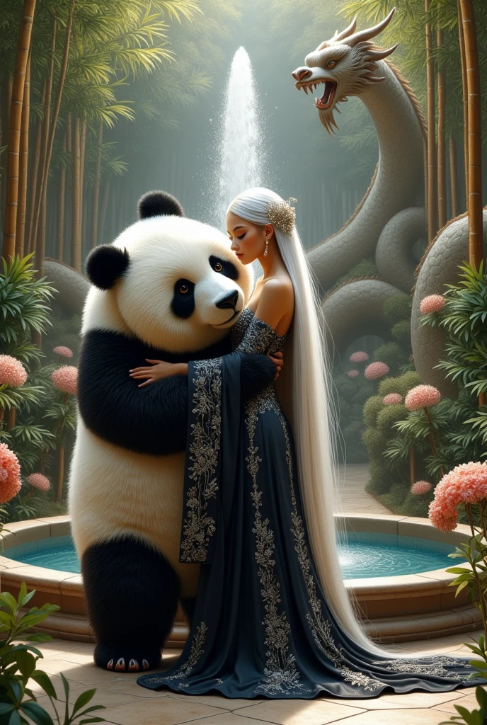 A detailed realistic photo of a white woman ,  Chinese hair straight and long to the floor , with a long dress, black with silver ,  splendorous looking like royal ,  she is embracing a huge panda bear they are in a place with bamboo trees , behind a beautiful dragon fountain gushing water ,  made of marble stone , longing. I want the whole body