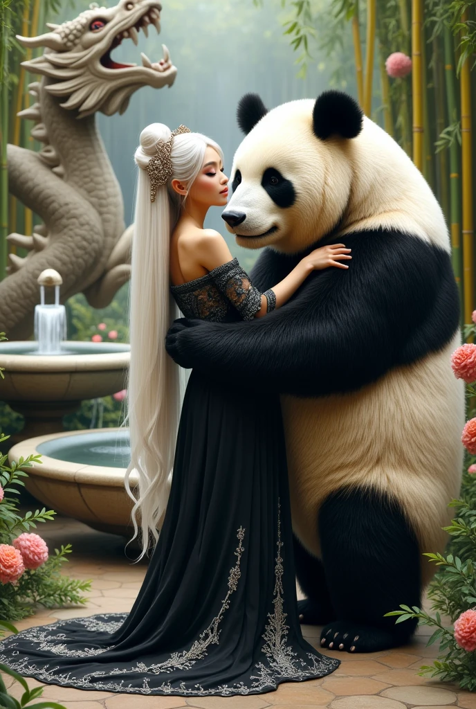 A detailed realistic photo of a white woman ,  Chinese hair straight and long to the floor , with a long dress, black with silver ,  splendorous looking like royal ,  she is embracing a huge panda bear they are in a place with bamboo trees , behind a beautiful dragon fountain gushing water ,  made of marble stone , longing. I want the whole body